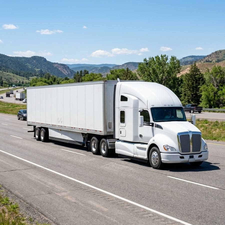White semi truck with a dry van trailer on the highway