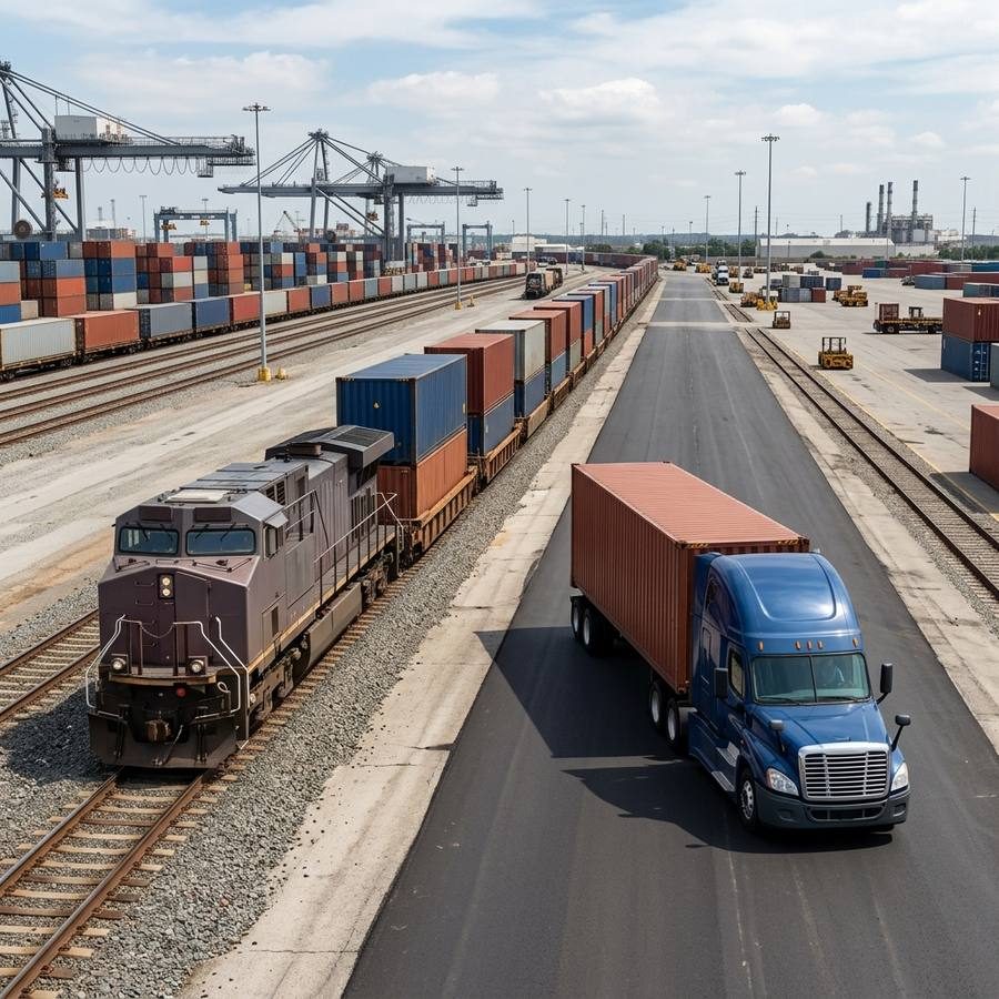 Container truck driving beside a freight train at a port intermodal yard
