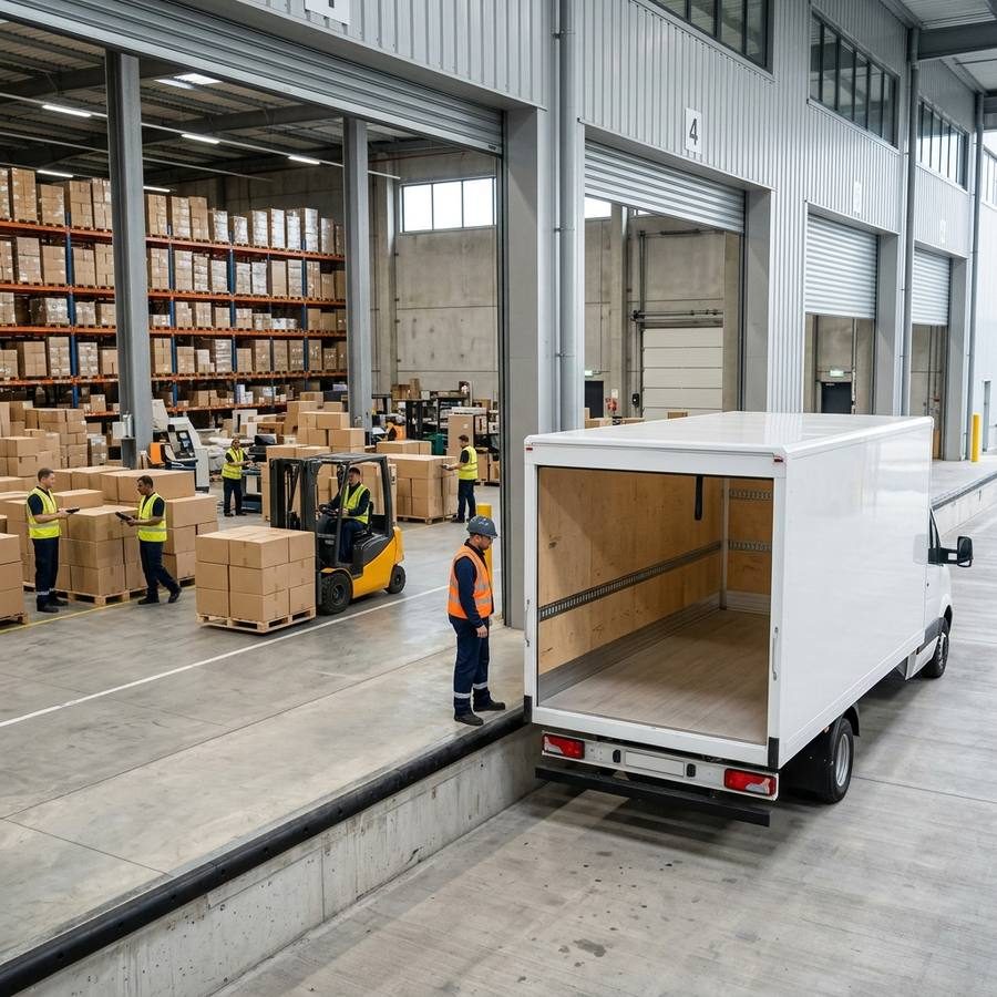 Warehouse loading dock with pallets and a forklift